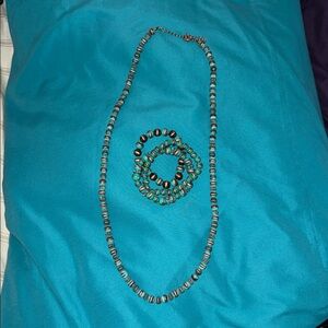 Turquoise and Bronze Beaded Stretch Bracelet Set of 3 costume matching necklace